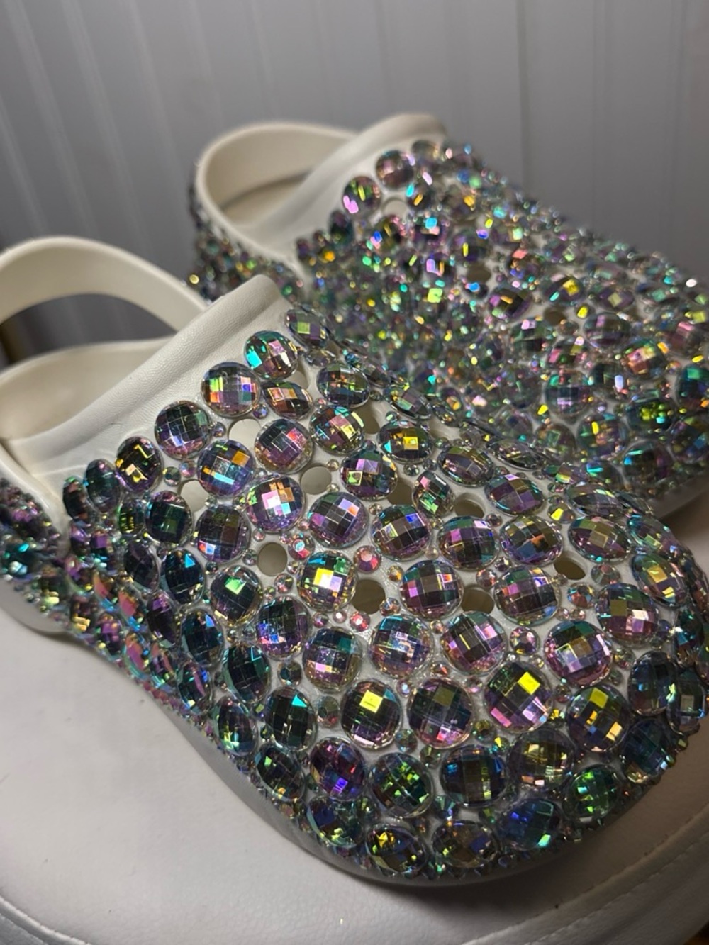 Embellished White Slip-On Clog with Iridescent Gems